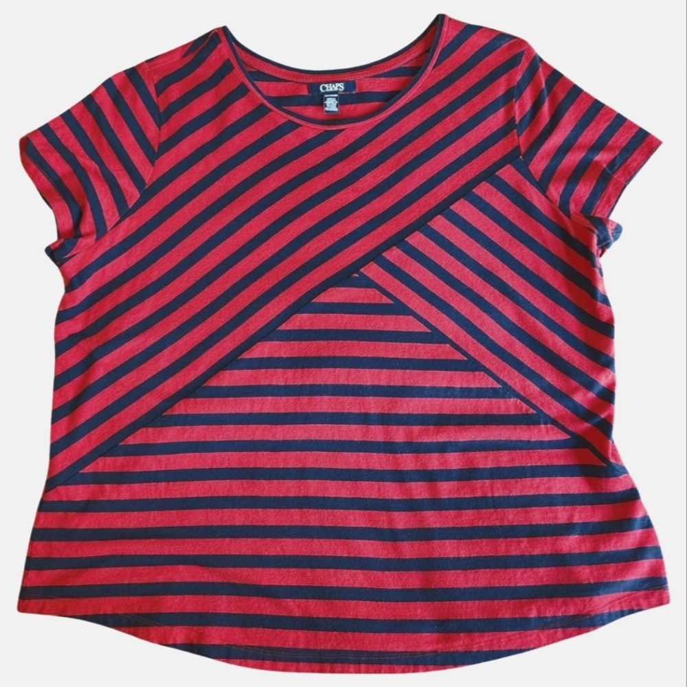Chaps Pre-loved Plus-size XXL Blue & Red Stripe Pattern, Round Neck Tshirt